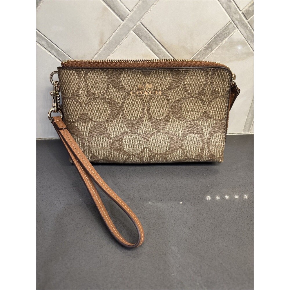 COACH Double Zip Leather Wristlet Brown Pouch Wallet Strap